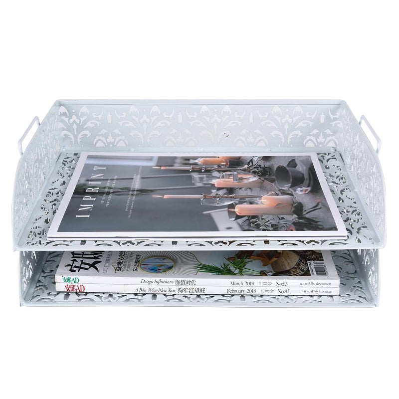 PAG 2 Tier Desktop File Organizer Metal Stackable Letter Tray Paper Holder Rack for Desk, White - Image 2
